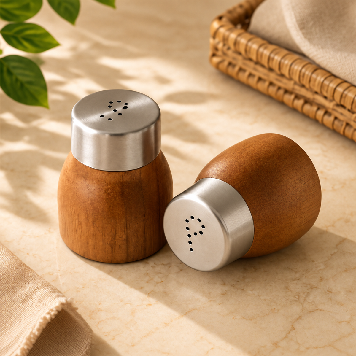 Wooden Salt & Pepper Shaker Set of 2 with Stainless Steel Lids – Kitchen & Dining Table