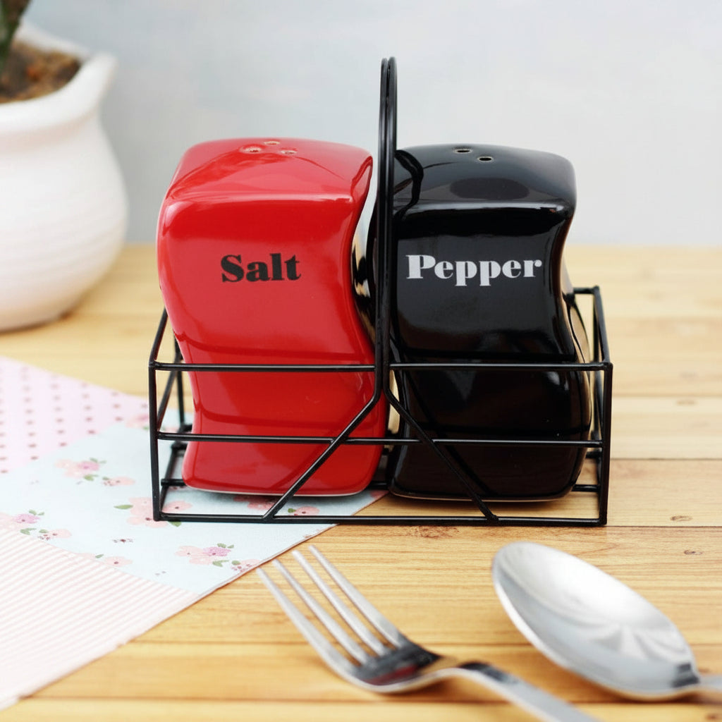 Ceramic Salt & Pepper Shaker Set with Metal Holder