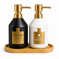 Dual Soap Dispenser Set with Bamboo Base – Black & White Edition | Modern Kitchen & Bathroom Organizer