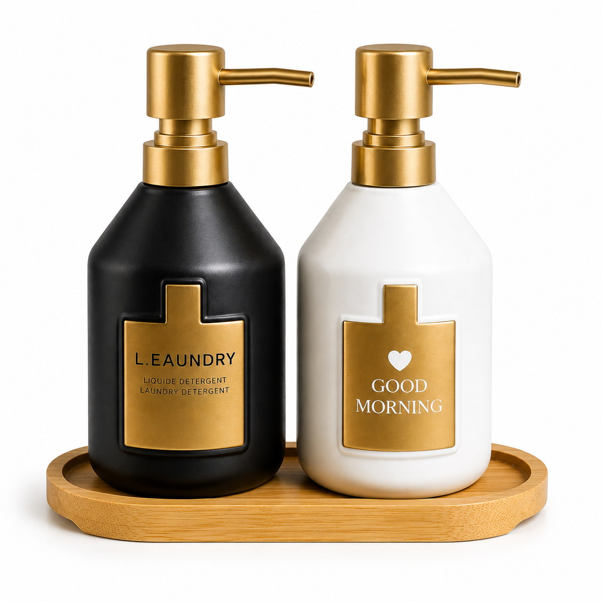 Dual Soap Dispenser Set with Bamboo Base – Black & White Edition | Modern Kitchen & Bathroom Organizer
