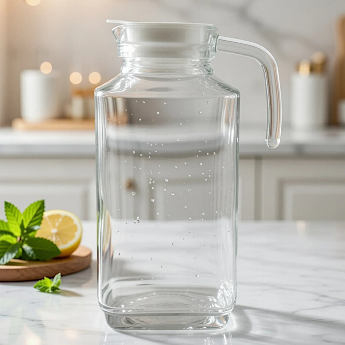 glass water jug with plastic lid 1.74L premium beverage pitcher for water juice and cold drinks  glass water jug Pakistan glass beverage pitcher 1.74L water jug with lid juice pitcher Pakistan glass serving jug beverage pitcher with lid lemonade pitcher glass Home Hatch drinkware glass water pitcher premium beverage jug