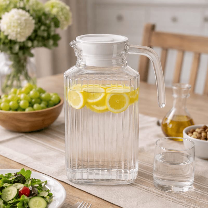 glass water jug with plastic lid 1.74L premium beverage pitcher for water juice and cold drinks  glass water jug Pakistan glass beverage pitcher 1.74L water jug with lid juice pitcher Pakistan glass serving jug beverage pitcher with lid lemonade pitcher glass Home Hatch drinkware glass water pitcher premium beverage jug
