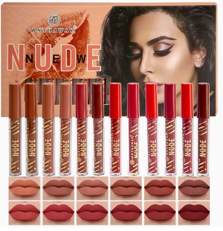12Pcs Matte Nude Liquid Waterproof Lip Gloss