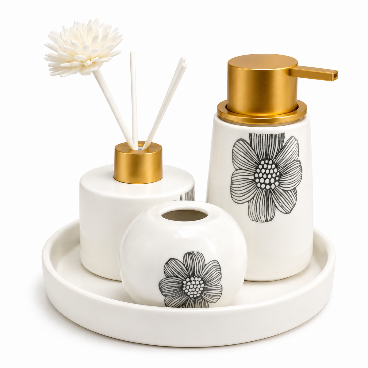 luxury floral ceramic bathroom accessories set with tray 4 piece bathroom organizer set floral ceramic bathroom set Pakistan luxury bathroom accessories set ceramic bathroom organizer bathroom accessories with tray floral bathroom décor set ceramic vanity accessories bathroom countertop organizer Home Hatch bathroom collection luxury bathroom set Pakistan decorative ceramic bathroom accessories 