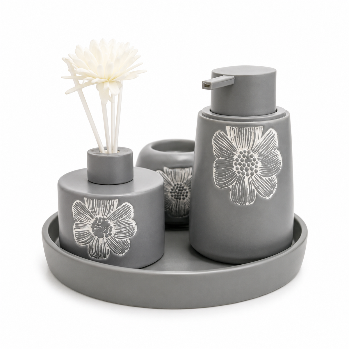 luxury floral ceramic bathroom accessories set with tray 4 piece bathroom organizer set floral ceramic bathroom set Pakistan luxury bathroom accessories set ceramic bathroom organizer bathroom accessories with tray floral bathroom décor set ceramic vanity accessories bathroom countertop organizer Home Hatch bathroom collection luxury bathroom set Pakistan decorative ceramic bathroom accessories 