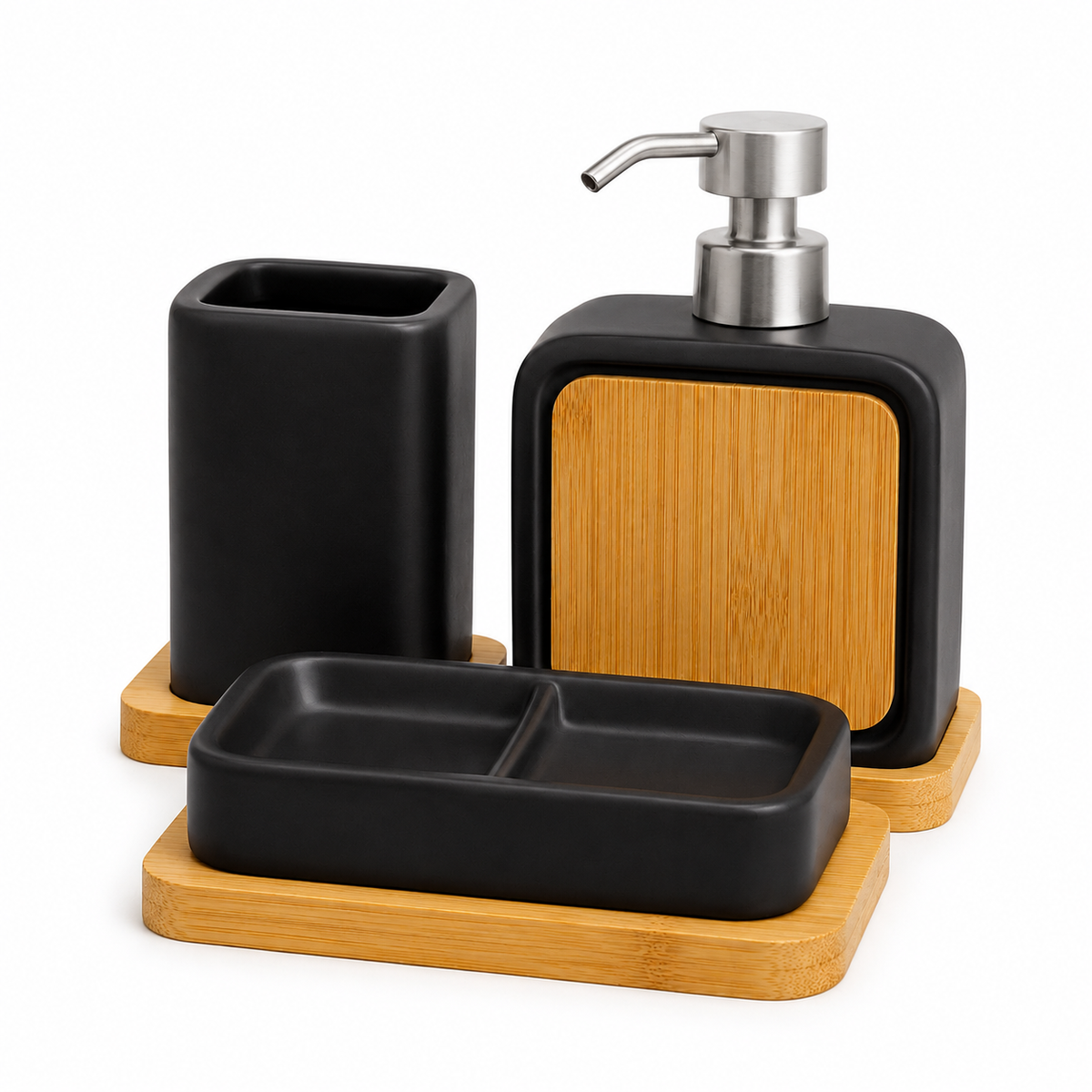 Modern Ceramic Bathroom Accessories Set with Bamboo Base | 3 Piece Bathroom Organizer Set
