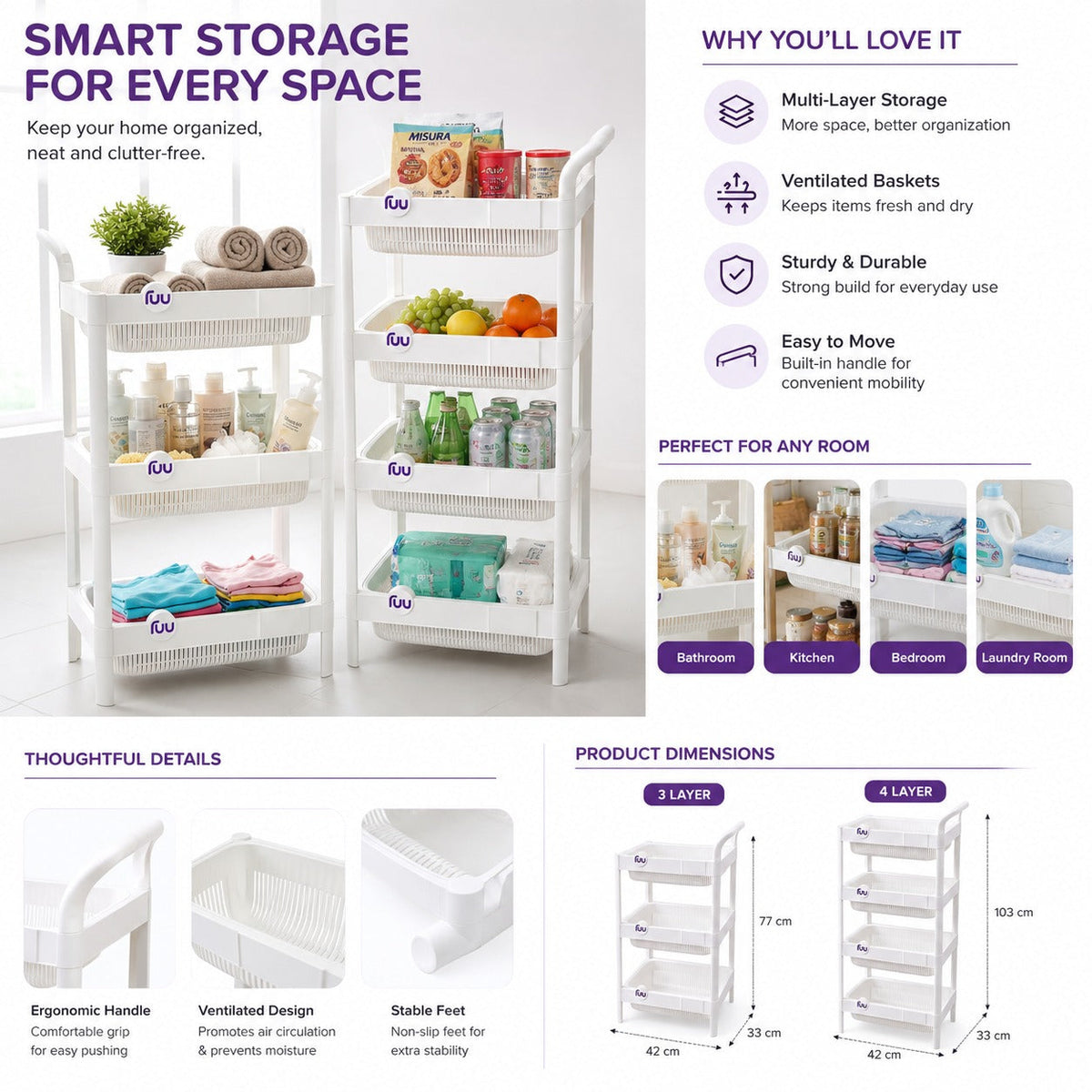 Multipurpose Storage Rack Organizer | Ventilated Plastic Basket Shelf for Kitchen, Bathroom & Laundry | Home Hatch