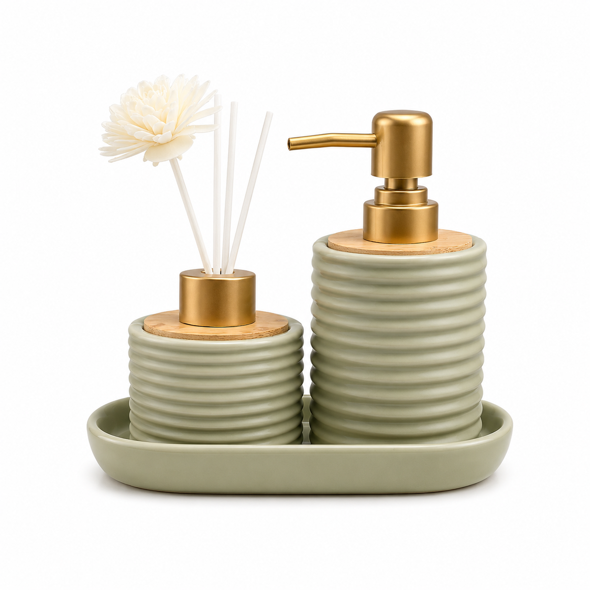 porcelain soap dispenser and reed diffuser set with tray luxury bathroom accessories set  porcelain soap dispenser set Pakistan  reed diffuser set with tray  luxury bathroom accessories  bathroom countertop décor  soap dispenser and diffuser set  porcelain bathroom set  luxury vanity accessories  Home Hatch bathroom collection  reed diffuser bathroom décor  bathroom tray organizer set