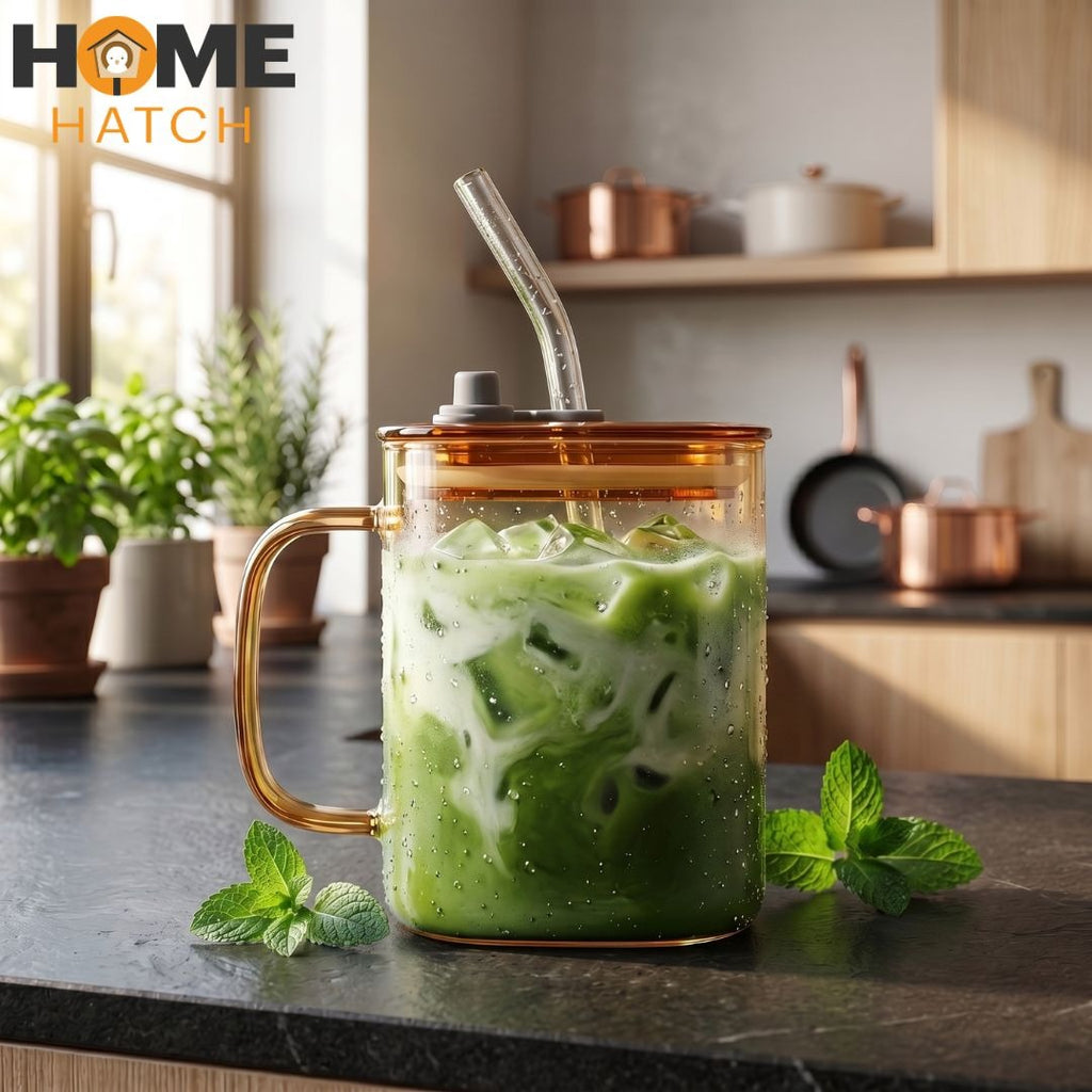 Premium Glass Tumbler with Lid, Glass Straw & Handle – 490ml | Reusable Iced Coffee & Beverage Cup